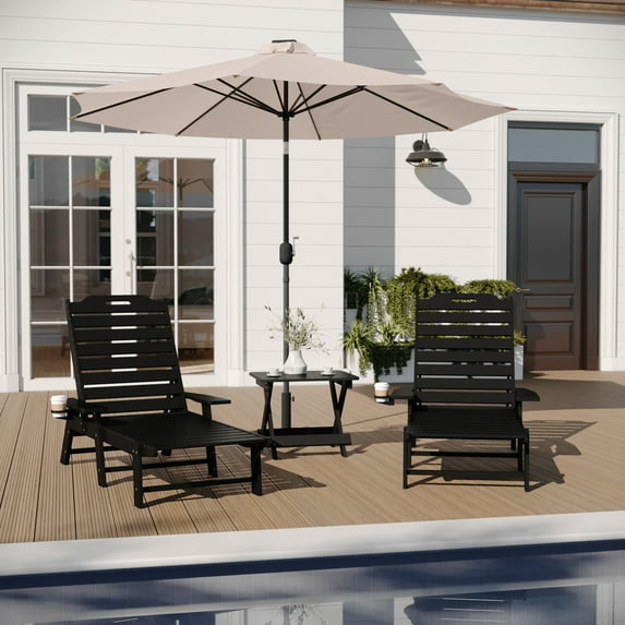 Merrick Lane 3-Piece Adirondack Chairs/Table Set for Indoor/Outdoor Use with 2 Adjustable Lounge Chairs with Cup Holders and Folding Side Table in Black