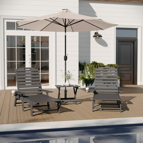 Merrick Lane 3-Piece Adirondack Chairs/Table Set for Indoor/Outdoor Use with 2 Adjustable Lounge Chairs with Cup Holders and Folding Side Table in Gray