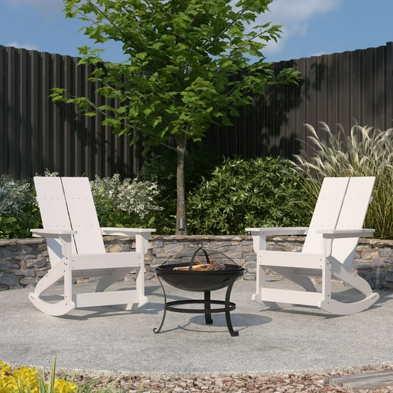 Merrick Lane 3 Piece Outdoor Set with 2 White Modern Adirondack Rocking Chairs & Wood Burning Fire Pit, Poker & Spark Screen