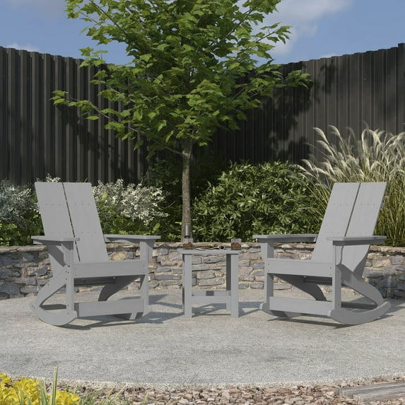 Merrick Lane 3 Piece Patio Furniture Set Includes Gray All-Weather UV Treated Adirondack Rocking Chairs and Side Table