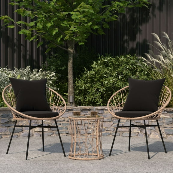 Merrick Lane 3 Piece Patio Set with Tan Rope Rattan Chairs, Matching Glass Top Side Table and Black Cushions for Indoor/Outdoor Use