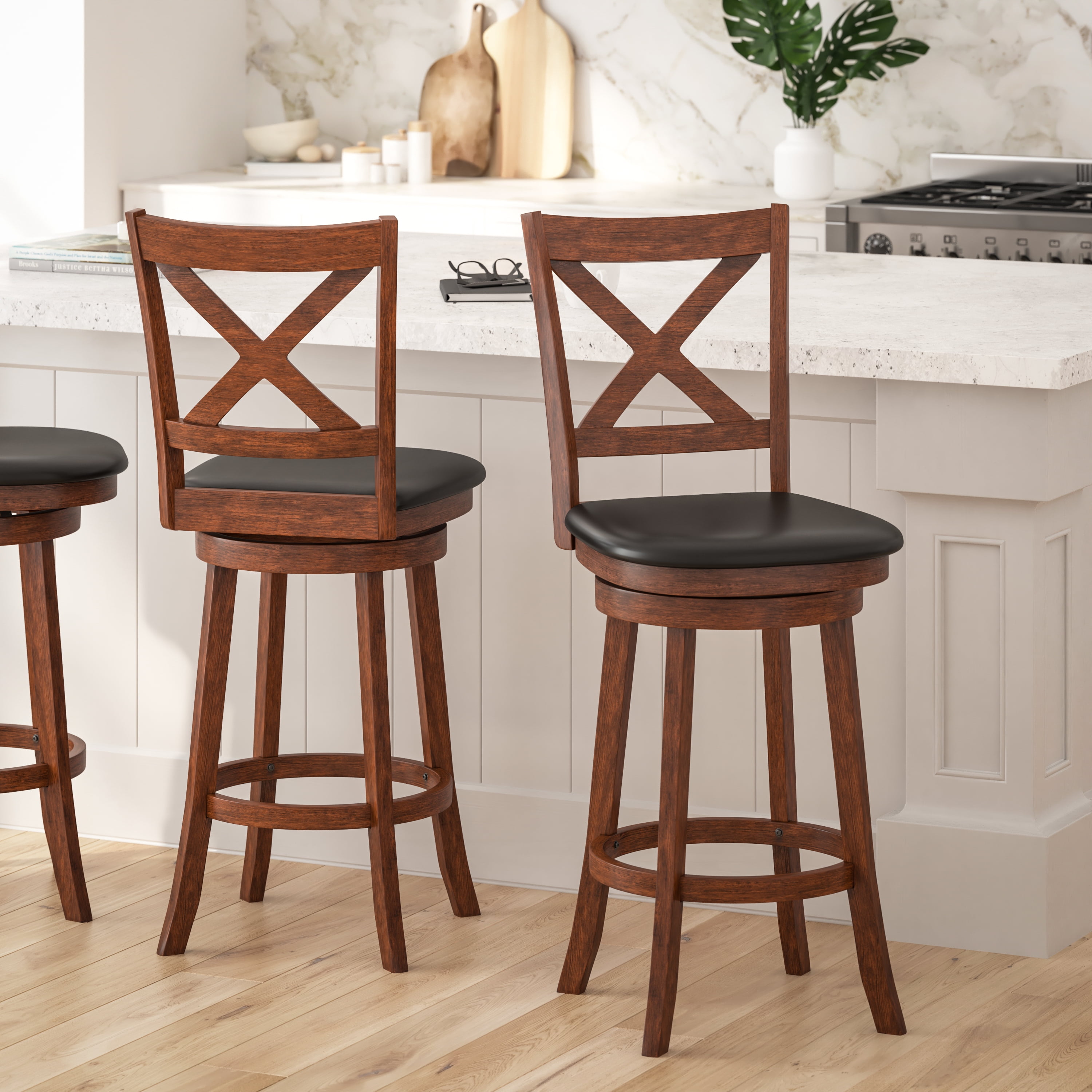 Antique Oak Classic Crossback 30" Swivel Bar Stool with Black Faux Leather Seat