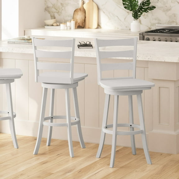 Merrick Lane 30" Antique White Wash Classic Wooden Ladderback Swivel Bar Height Stool with Solid Wood Seat and Footrest
