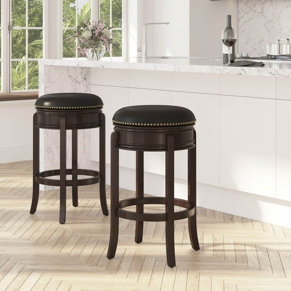 Merrick Lane 30" Backless Swivel Barstool, Upholstered in Black Faux Leather with Nail Trim, Carved Apron, and Cappuccino Wood Frame