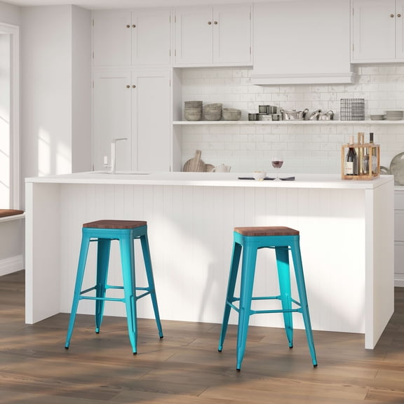 Merrick Lane 30" High Backless Crystal Blue Metal Bar Height Dining Stool with Wooden Seat for Indoor Use