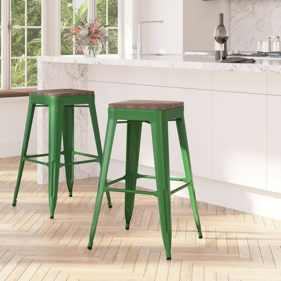 Merrick Lane 30" High Backless Green Metal Bar Height Dining Stool with Wooden Seat for Indoor Use