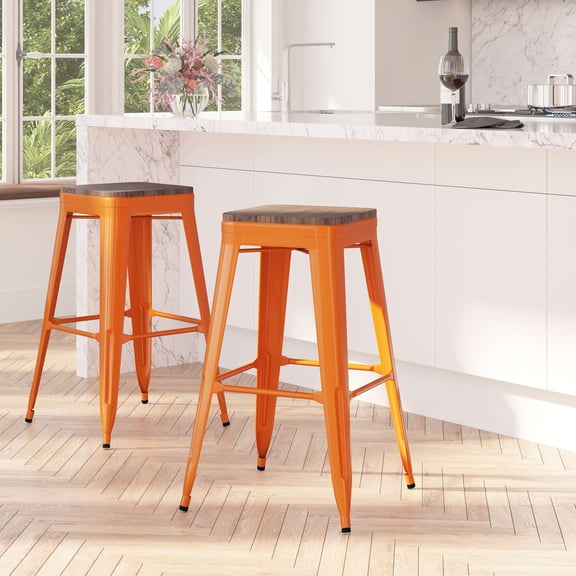 Merrick Lane 30" High Backless Orange Metal Bar Height Dining Stool with Wooden Seat for Indoor Use