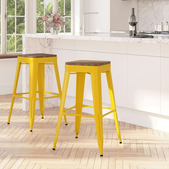 Merrick Lane 30" High Backless Yellow Metal Bar Height Dining Stool with Wooden Seat for Indoor Use