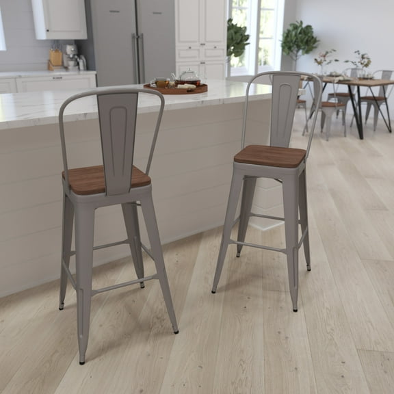 Merrick Lane 30" High Silver Metal Barstool with Back and Wood Seat