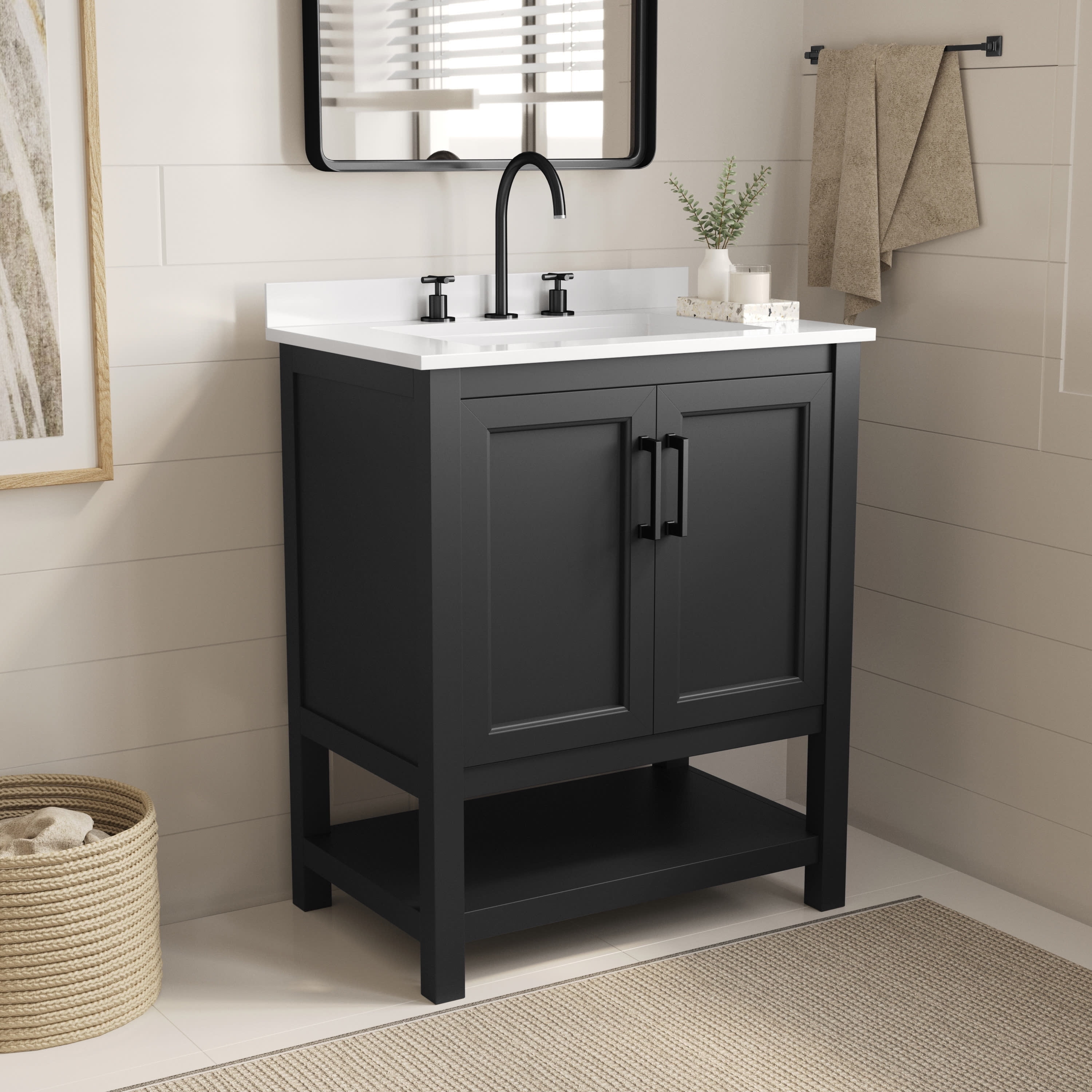 Merrick Lane 30 Inch Bathroom Vanity with Ceramic Sink, Carrara Marble Finish Countertop, Storage Cabinet with Soft Close Doors and Open Shelf in Black/Black