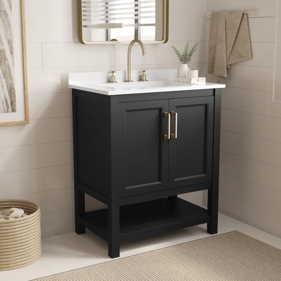 Merrick Lane 30 Inch Bathroom Vanity with Ceramic Sink, Carrara Marble Finish Countertop, Storage Cabinet with Soft Close Doors and Open Shelf in Black/Gold