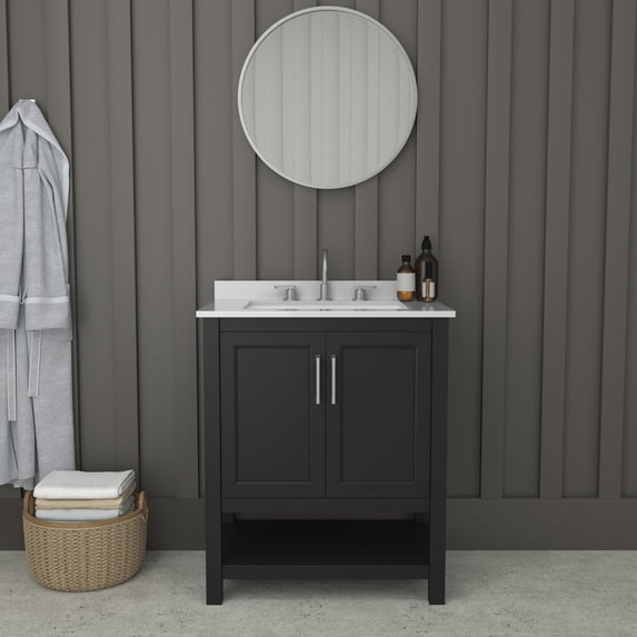 Merrick Lane 30 Inch Bathroom Vanity with Ceramic Sink, Carrara Marble Finish Countertop, Storage Cabinet with Soft Close Doors and Open Shelf in Black