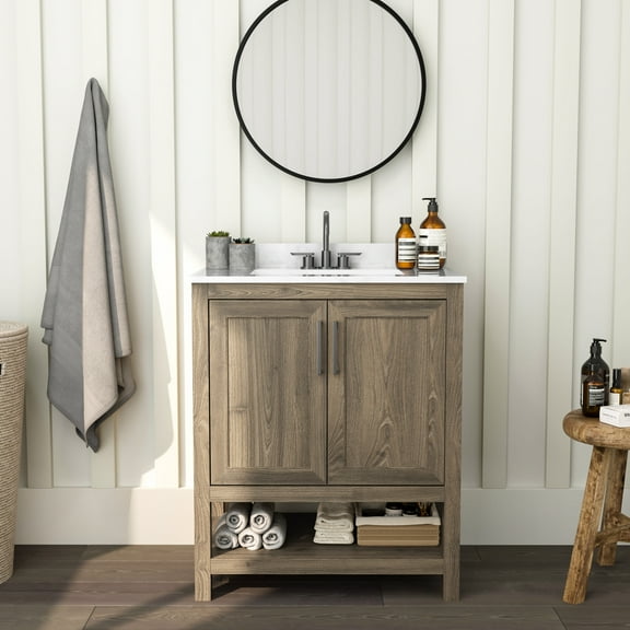 Merrick Lane 30 Inch Bathroom Vanity with Ceramic Sink, Carrara Marble Finish Countertop, Storage Cabinet with Soft Close Doors and Open Shelf in Brown