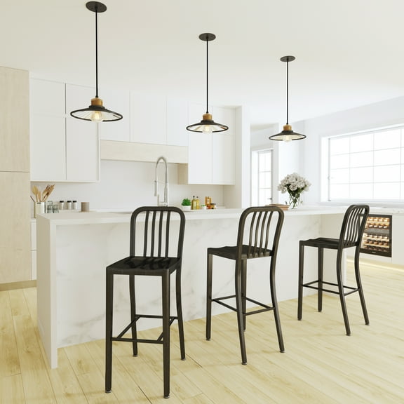 Merrick Lane 30 Inch Black-Antique Gold Galvanized Steel Indoor/Outdoor Counter Bar Stool With Slatted Back And Powder Coated Finish