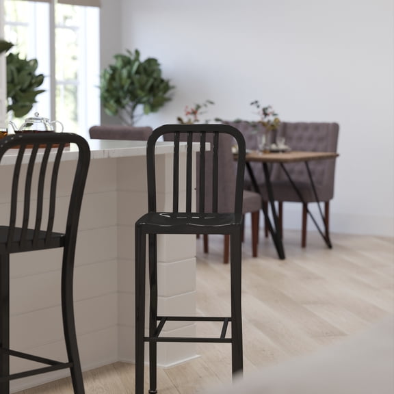 Merrick Lane 30 Inch Black Galvanized Steel Indoor/Outdoor Counter Bar Stool With Slatted Back And Powder Coated Finish