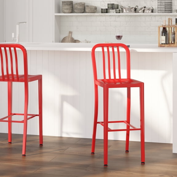Merrick Lane 30 Inch Red Galvanized Steel Indoor/Outdoor Counter Bar Stool With Slatted Back and Powder Coated Finish