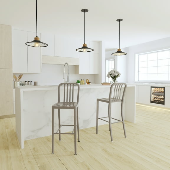 Merrick Lane 30 Inch Silver Galvanized Steel Indoor/Outdoor Counter Bar Stool With Slatted Back And Powder Coated Finish