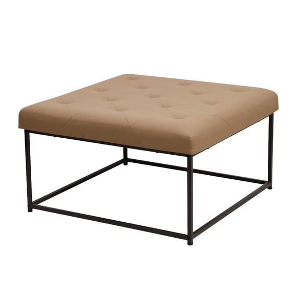 Merrick Lane 30-Inch Square Tufted Faux Leather Ottoman with Durable Metal Frame, Light Brown Faux Leather/Black Frame