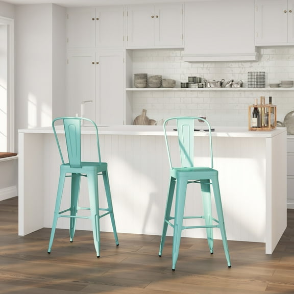 Merrick Lane 30" Metal Indoor-Outdoor Barstool with Vertical Slat Back and Integrated Footrest in Mint Green