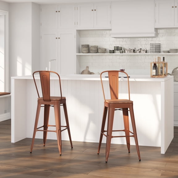 Merrick Lane 30" Metal Indoor-Outdoor Counter Stool with Vertical Slat Back, Integrated Footrest and Wood Seat in Copper