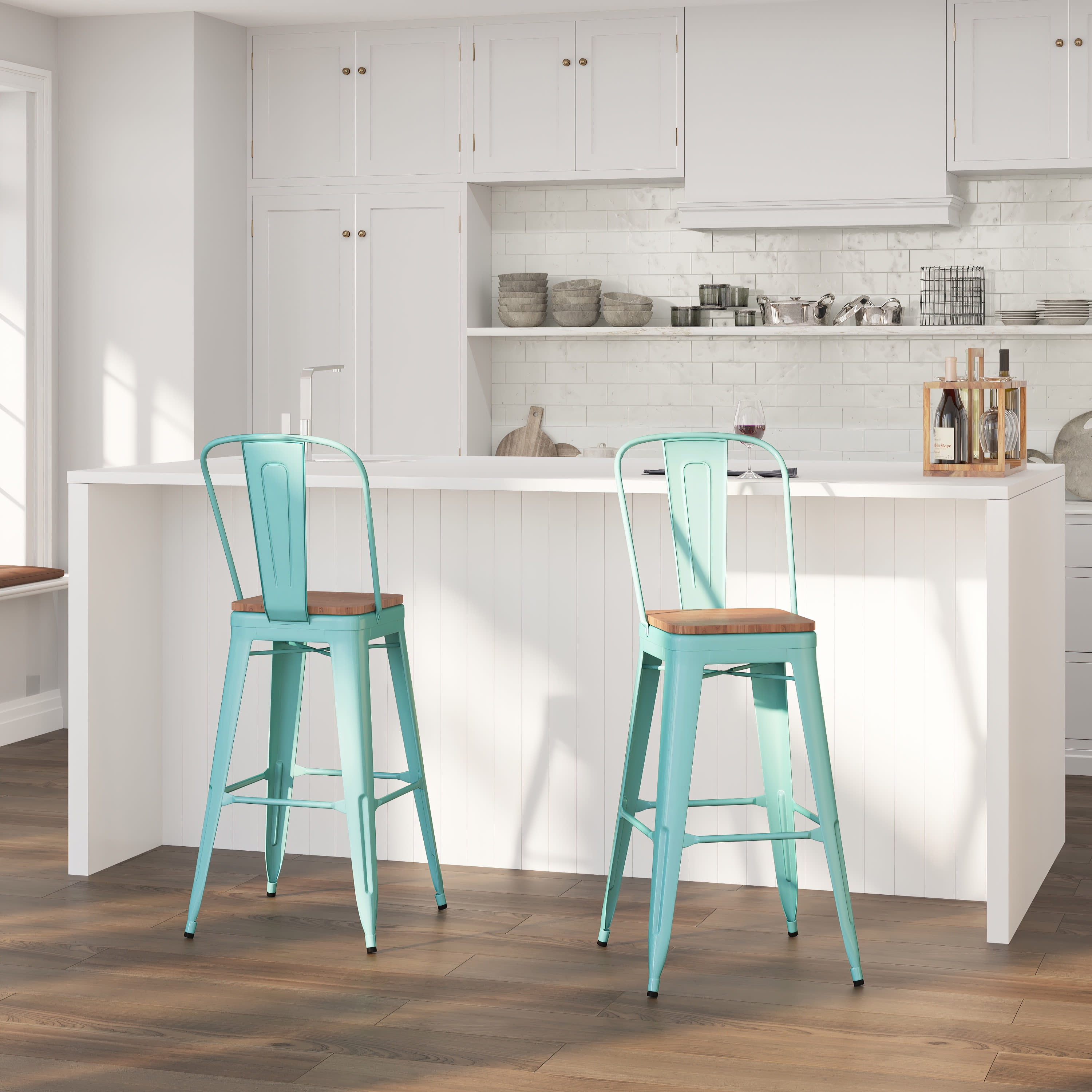 Mint Green 30" Metal & Wood Slat-Back Counter Stool