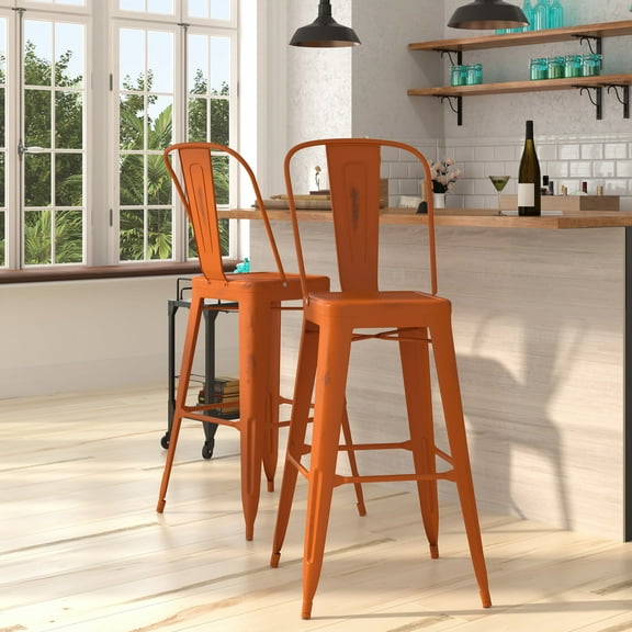 Merrick Lane 30" Metal Indoor-Outdoor Counter Stool with Vertical Slat Back and Integrated Footrest in Distressed Orange