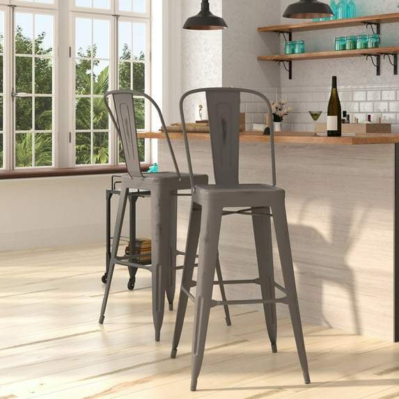 Merrick Lane 30" Metal Indoor-Outdoor Counter Stool with Vertical Slat Back and Integrated Footrest in Distressed Silver