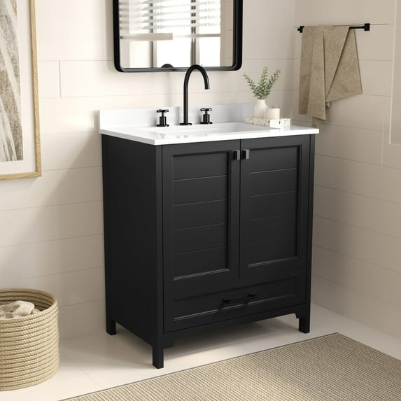 Merrick Lane 30" Single Sink Bathroom Vanity with Undermount Basin, Soft-Close Cabinet, Easy-Glide Drawer, and Carrara Marble Finish Countertop BK/BK