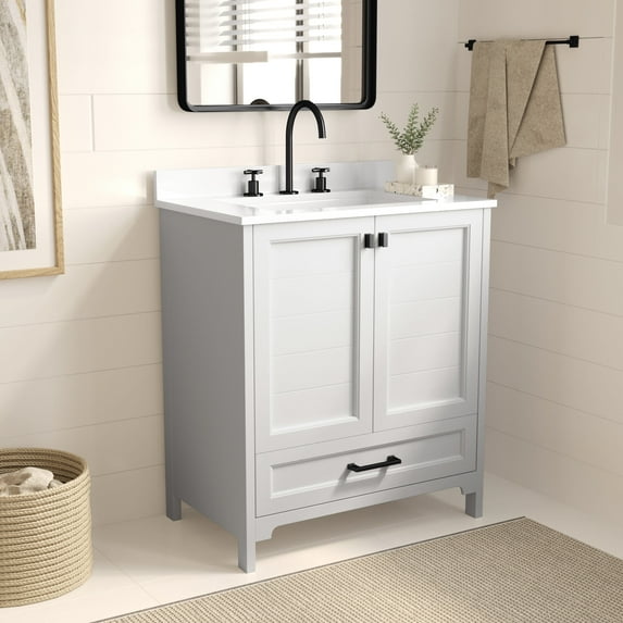 Merrick Lane 30" Single Sink Bathroom Vanity with Undermount Basin, Soft-Close Cabinet, Easy-Glide Drawer, and Carrara Marble Finish Countertop WH/BK