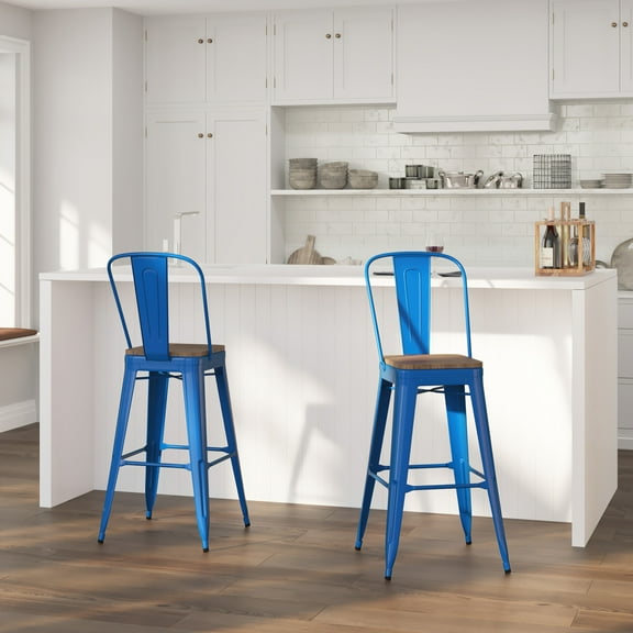 Merrick Lane 30" Tall Blue Metal Bar Height Dining Stool with Curved Slatted Back and Textured Wood Seat