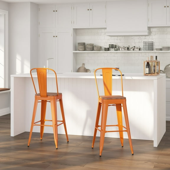 Merrick Lane 30" Tall Orange Metal Bar Height Dining Stool with Curved Slatted Back and Textured Wood Seat