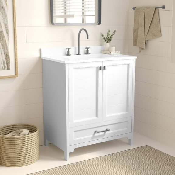 Merrick Lane 30 in. Single Sink Bathroom Vanity with Undermount Basin, Soft-Close Cabinet, Easy-Glide Drawer, and Carrara Marble Finish Countertop in White