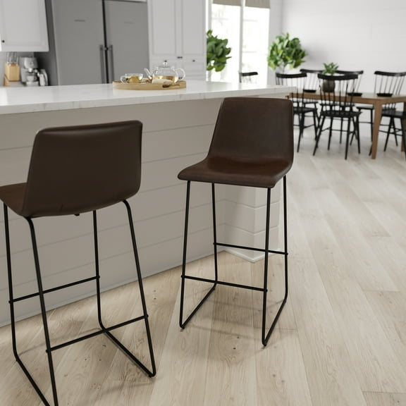 Merrick Lane 30 inch Faux Leather Bar Height Bucket Seat Stools in Dark Brown, Set of 2