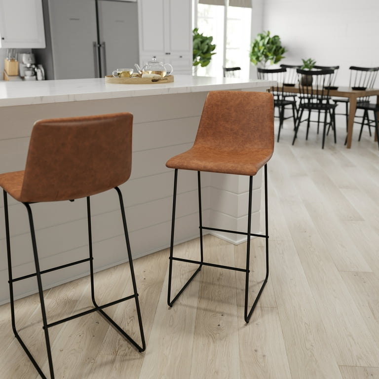 Merrick Lane 30 inch Faux Leather Bar Height Bucket Seat Stools in Light Brown Set of 2