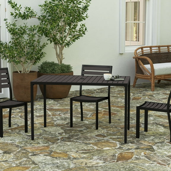 Merrick Lane 30" x 48" Outdoor Dining Table with Gray Wash Faux Teak Poly Slat Top and Powder Coated Steel Frame