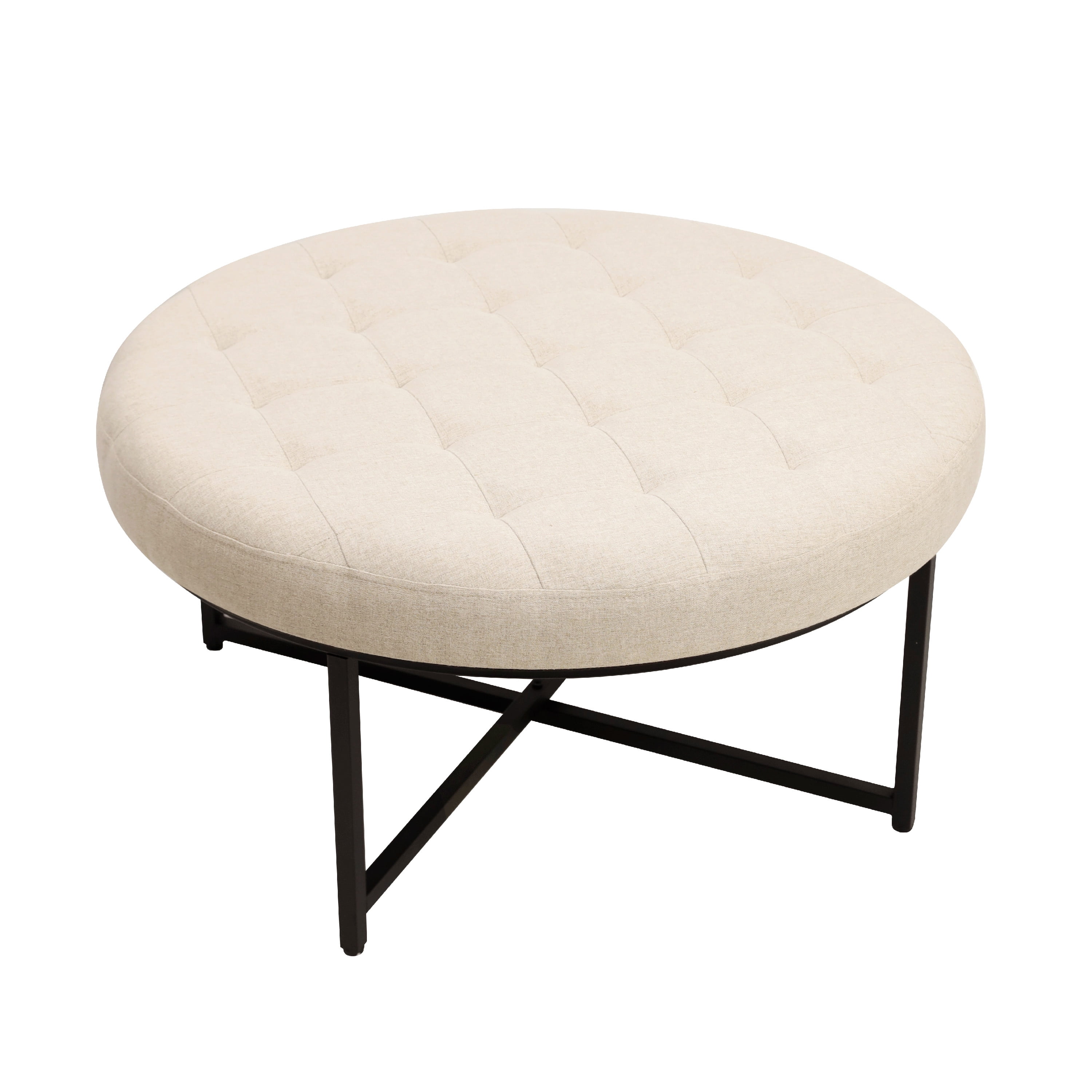 34-Inch Round Tufted Off-White Cotton Linen Ottoman with Black Metal Frame