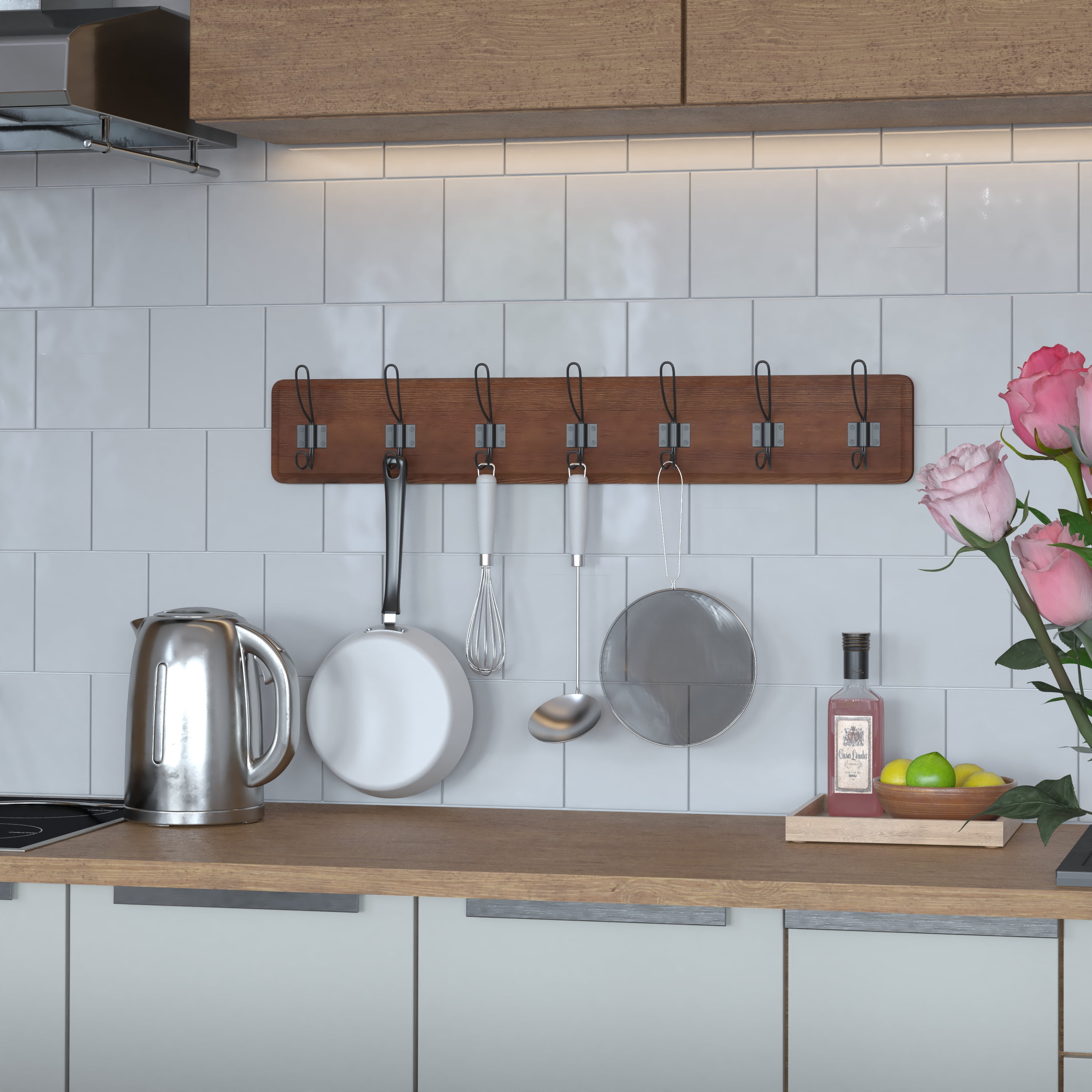 Rustic Brown Pine Wood Wall Mounted Kitchen Storage Rack