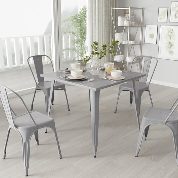 Merrick Lane 35.5" Square Metal Dining Table for Indoor and Outdoor Use in Silver