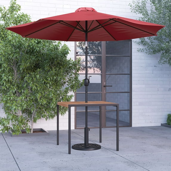 Merrick Lane 35" Square Faux Teak Outdoor Dining Table with Powder Coated Steel Frame, 9' Red Adjustable Umbrella and Base