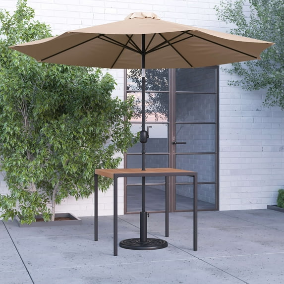 Merrick Lane 35" Square Faux Teak Outdoor Dining Table with Powder Coated Steel Frame, 9' Tan Adjustable Umbrella and Base