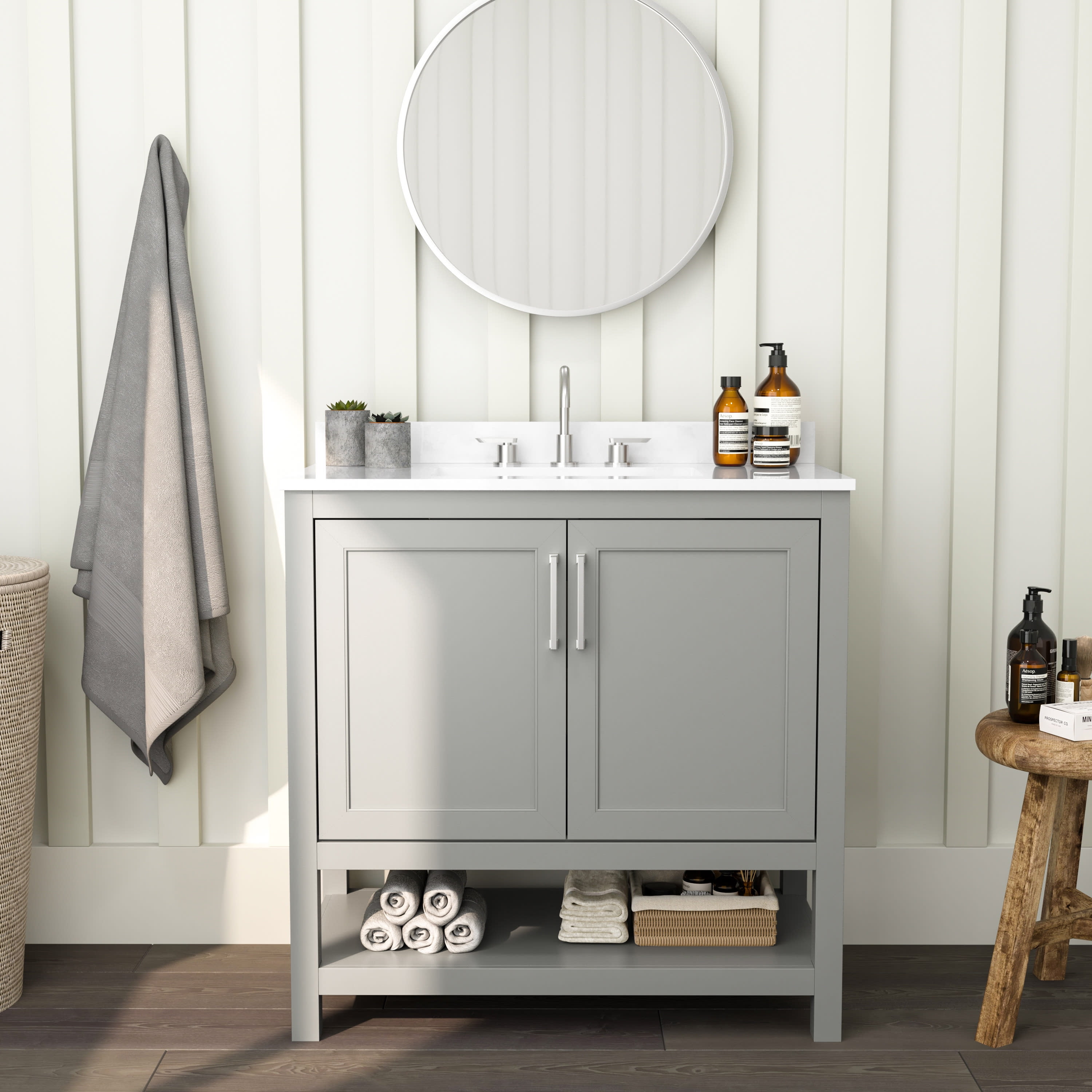 Merrick Lane 30 Inch Bathroom Vanity With Ceramic Sink, Carrara Marble Finish Countertop Storage Cabinet Soft Close Doors Open Shelf Gray Black