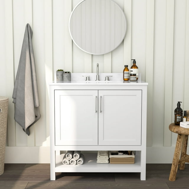 Merrick Lane 36 Inch Bathroom Vanity with Ceramic Sink, Carrara Marble Finish Countertop, Storage Cabinet with Soft Close Doors and Open Shelf in White