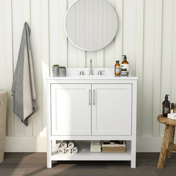 Merrick Lane 36 Inch Bathroom Vanity with Ceramic Sink, Carrara Marble Finish Countertop, Storage Cabinet with Soft Close Doors and Open Shelf in White