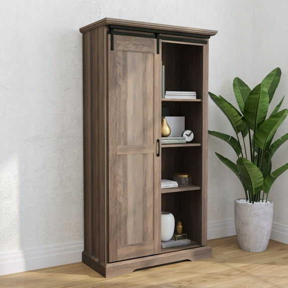 Merrick Lane 36" Wide Farmhouse Storage Cabinet, Semi-Open Storage with Sliding Barn Door in Graywash