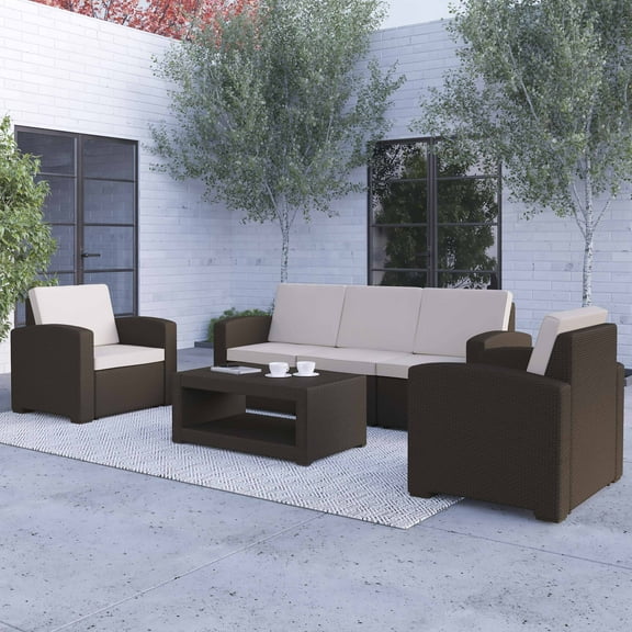 Merrick Lane 4 Piece Chocolate Brown Faux Rattan Patio Furniture Set with 2 Chairs and Sofa with Removable Beige Cushions and Table