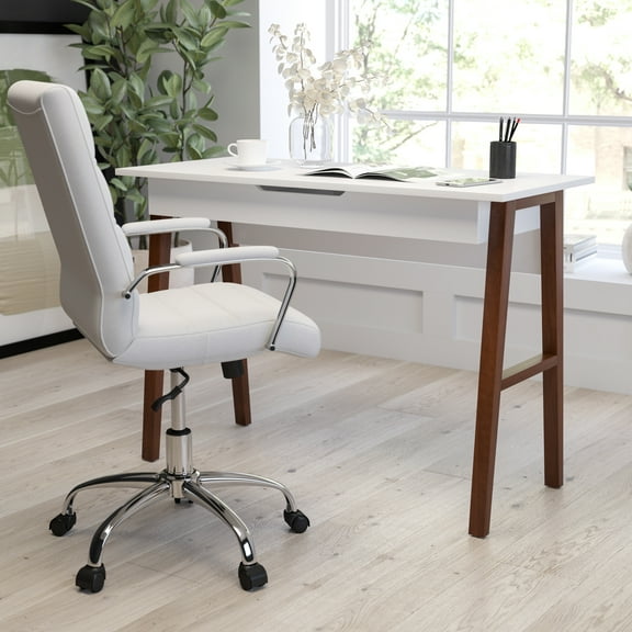Merrick Lane 42" Writing Desk with Divided Storage Drawer, White Finish/Walnut Legs