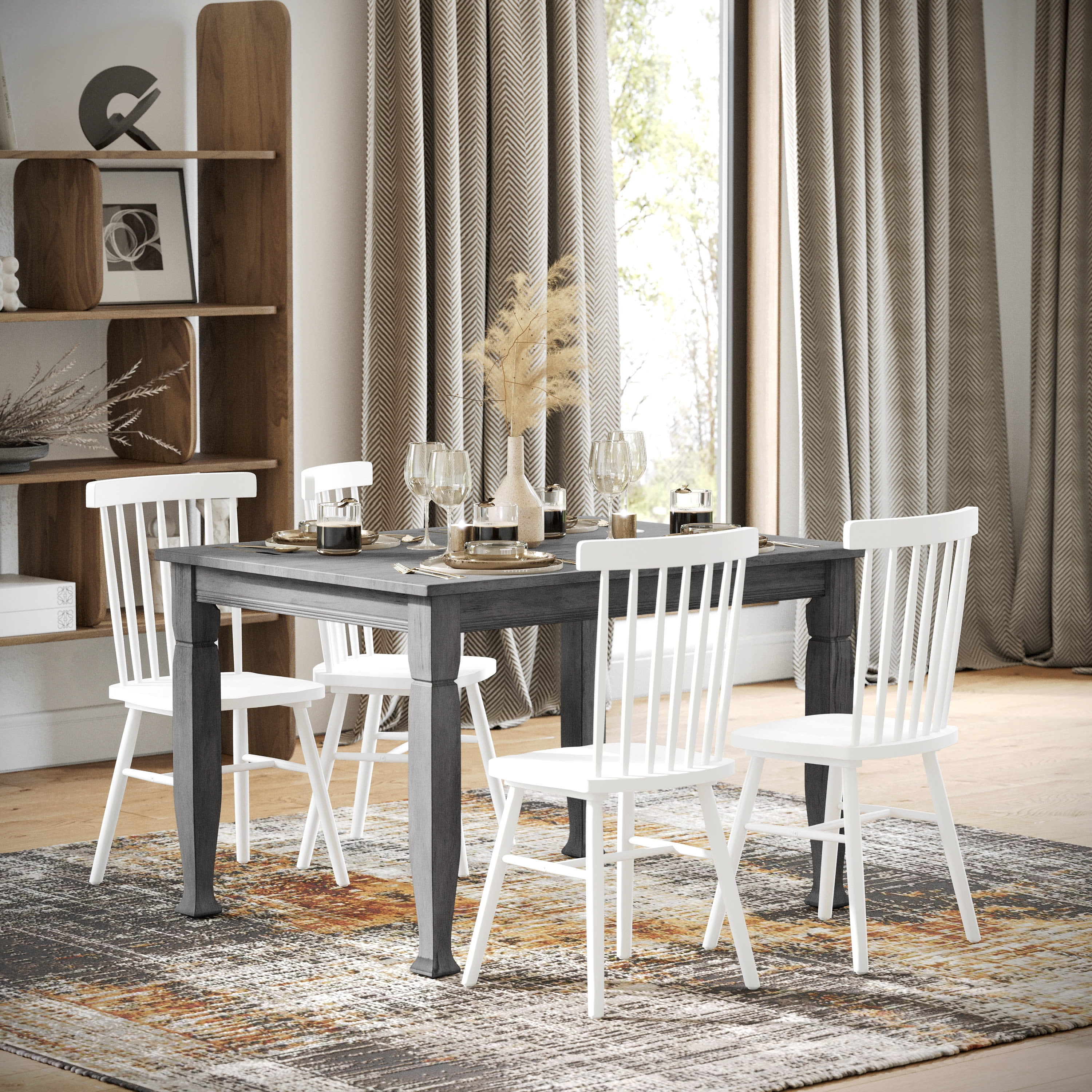 Walker Edison 48" Farmhouse Dining Table Set - Grey Wash Finish, Industrial Metal X-Bracket, Seats 4