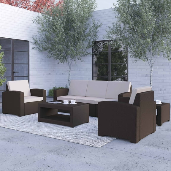 Merrick Lane 5 Piece Chocolate Brown Faux Rattan Patio Set - 2 Chairs and Sofa with Removable Cushions, Coffee Table and End Table