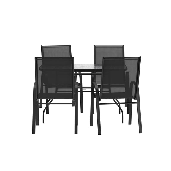 Merrick Lane 5 Piece Outdoor Dining Table Set for 4 with Glass-Top Patio Table and 4 Stack Chairs with Flex Comfort Material in Black