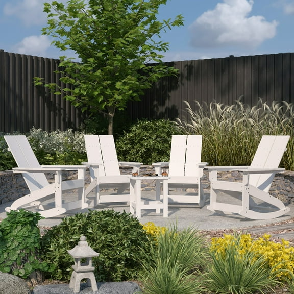 Merrick Lane 5 Piece Patio Furniture Set Includes White All-Weather UV Treated Adirondack Rocking Chairs and Side Table
